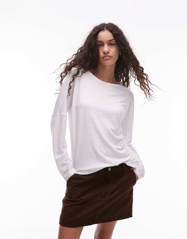 ARKET linen blend relaxed top with seamed long sleeves in white