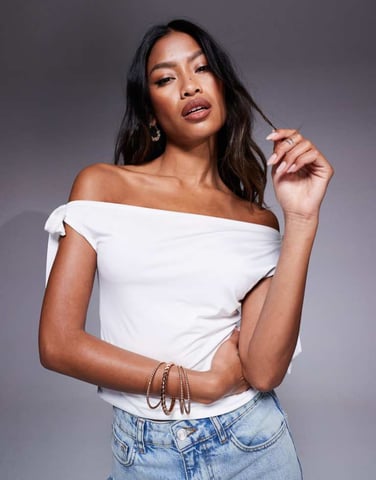 ASOS DESIGN slinky off the shoulder bow tie detail in ivory