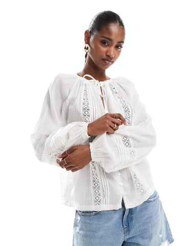 ONLY tie front long sleeve top with embroidery details in white