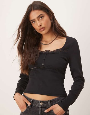 ASOS DESIGN ribbed long sleeve top with lace and button detail in black