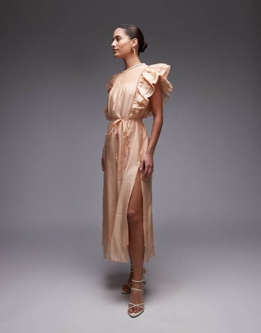 & Other Stories midaxi dress with pintuck bodice and double ruffle sleeves in beige