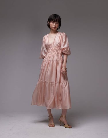 & Other Stories midaxi dress with volume sleeves and shirred bodice detail in pink