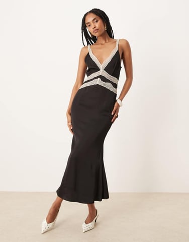 Never Fully Dressed contrast lace insert satin midaxi dress in black