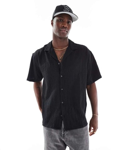 Jack & Jones revere collar seersucker short sleeve shirt in black