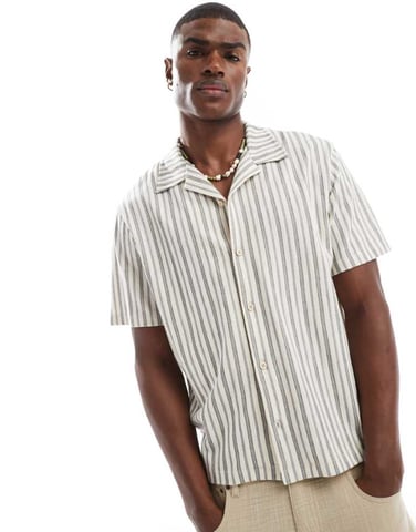 Jack & Jones Premium revere collar shirt in cream navy stripe