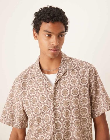 Selected revere collar shirt in tan geo print