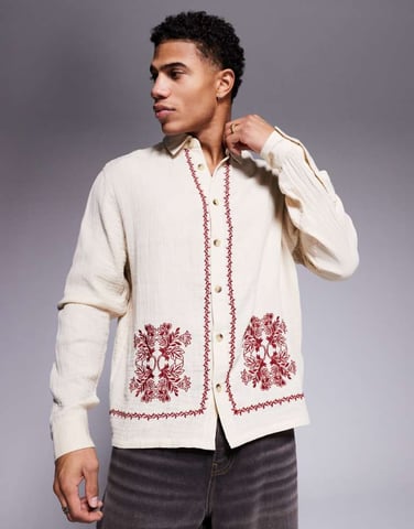 ASOS DESIGN boxy textured shirt with border print