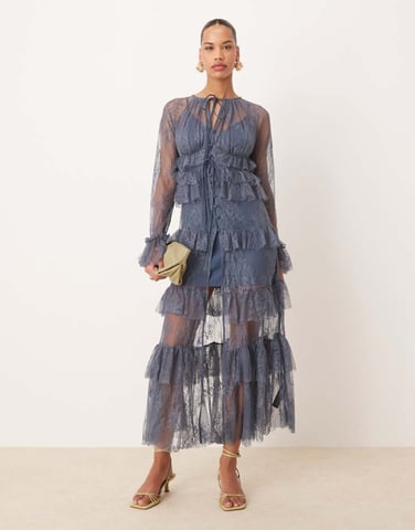 ASOS DESIGN button front lace frill shirt dress in blue