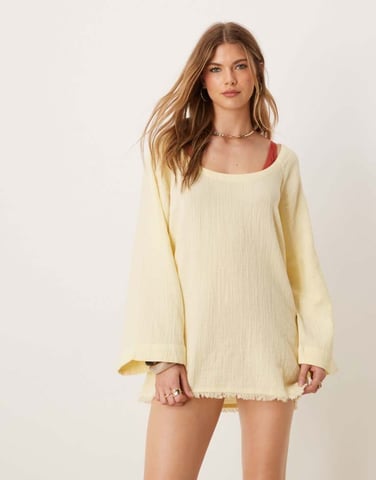 ASOS DESIGN Callie cheesecloth frayed long sleeve reversible beach sundress in buttermilk