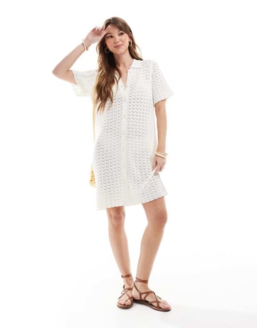 Miss Selfridge crochet contrast polo button through knit dress in cream