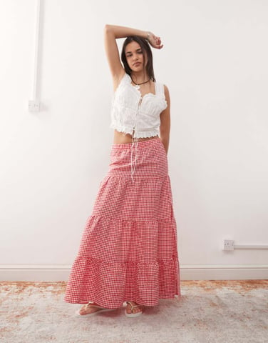 Noisy May tiered maxi skirt in red gingham