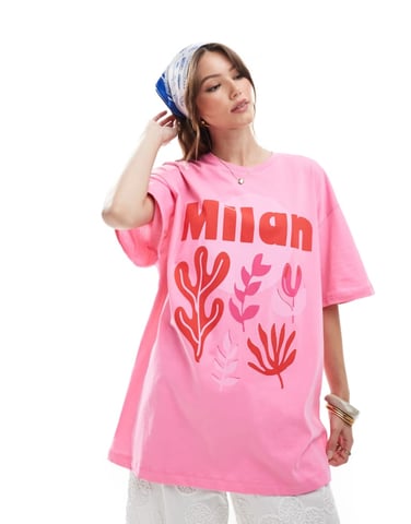ONLY Milan graphic oversized fit t-shirt in pink