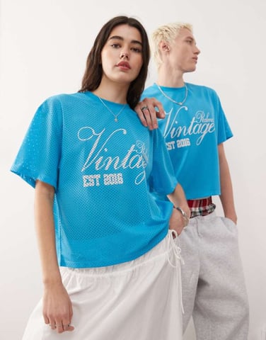 Reclaimed Vintage unisex cropped boxy airtex football t-shirt in aqua blue