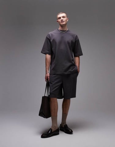 Topman oversized fit linen blend shorts in charcoal
