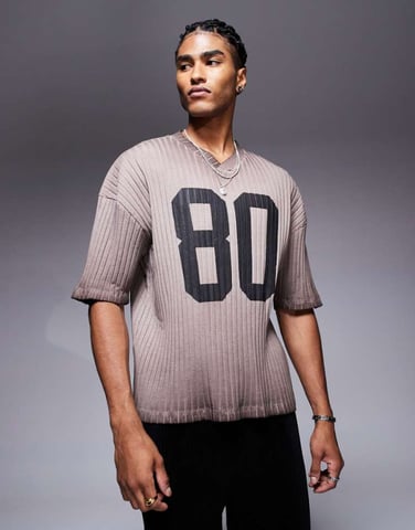 ASOS DESIGN boxy oversized t-shirt with dropped shoulder and number graphic in washed brown rib