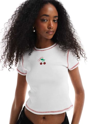 Pieces ribbed baby t-shirt with cherry motif in white