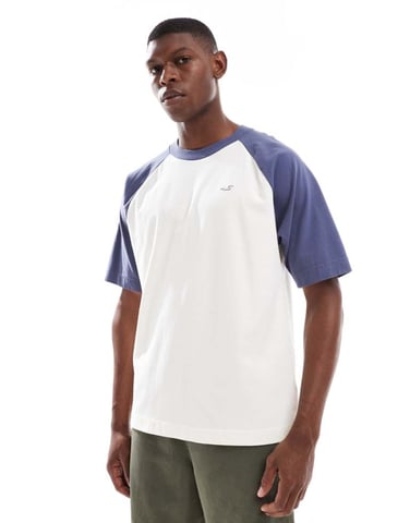 Hollister icon logo raglan boxy oversized t-shirt with contrast binding in cream multi