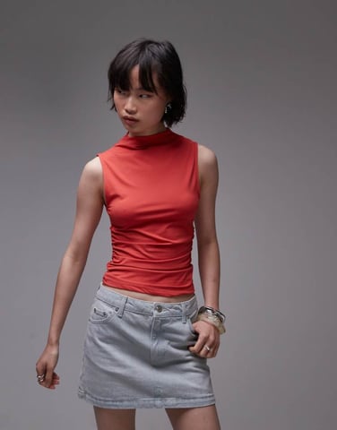 Topshop jersey funnel neck sleeveless top in red