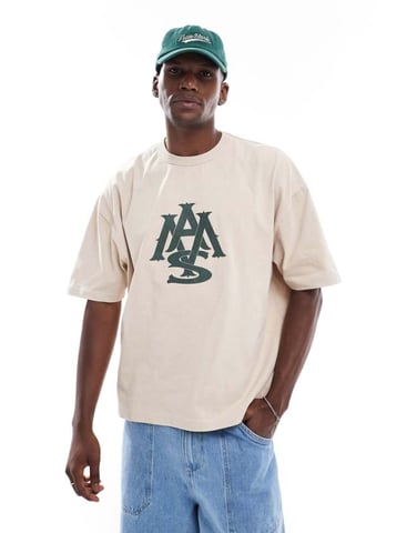 ASOS DESIGN heavyweight boxy oversized t-shirt in washed beige with rubber chest graphic