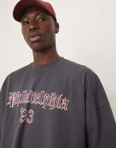 ASOS DESIGN oversized boxy heavyweight 240gsm t-shirt with sports print in charcoal