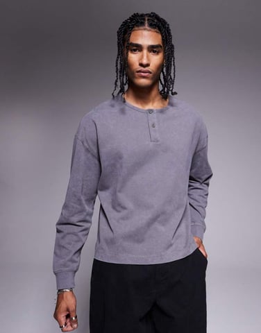 ASOS DESIGN heavyweight boxy oversized washed long sleeve henley in grey