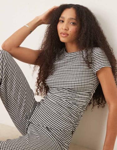 ASOS DESIGN ruched side asymmetric t-shirt in gingham
