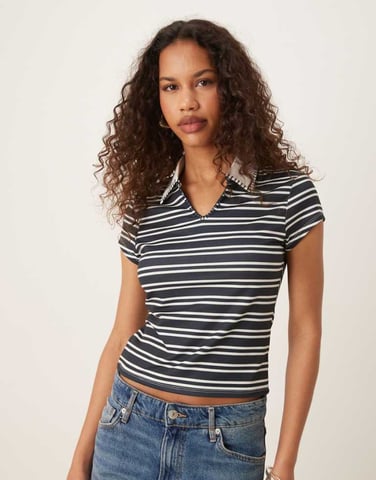 ASOS DESIGN blanket stitch polo tee in navy stripe