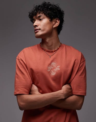 Topman relaxed fit t-shirt with roses embroidery in tan