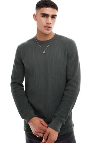 Cotton On chunky waffle long sleeve t-shirt in army green