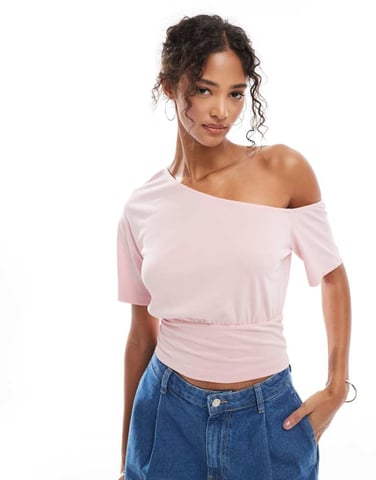 ASOS DESIGN slouchy off shoulder cupro top with cinched waist in pink