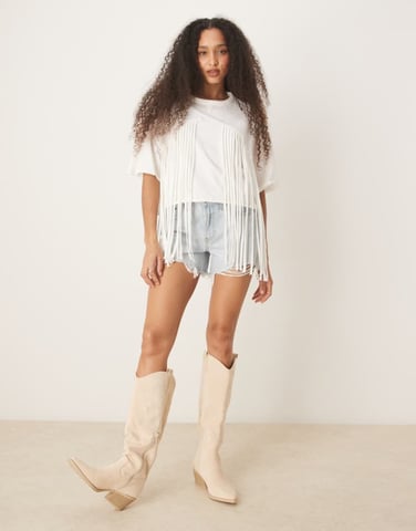 ASOS DESIGN boxy cropped t-shirt with fringe detail in cream