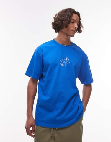 Topman relaxed fit t-shirt with flower embroidery in washed blue
