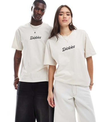 Dickies curves script central logo t-shirt in off white- exclusive to ASOS