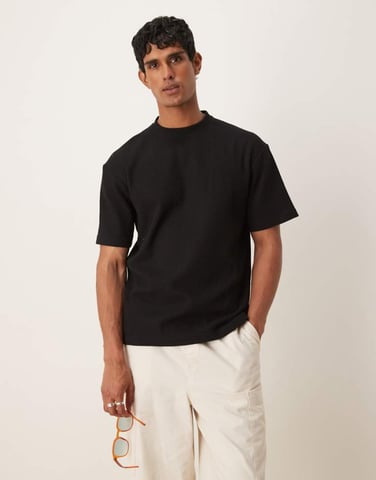 Selected oversized waffle t-shirt in black