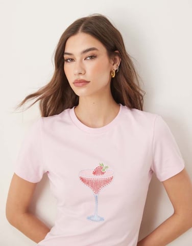 ASOS DESIGN baby tee with embroidered cocktail in pink