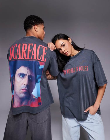 ASOS DESIGN unisex oversized t-shirt with Scarface prints in washed black