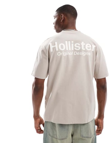 Hollister boxy oversized tech logo back detail t-shirt in beige