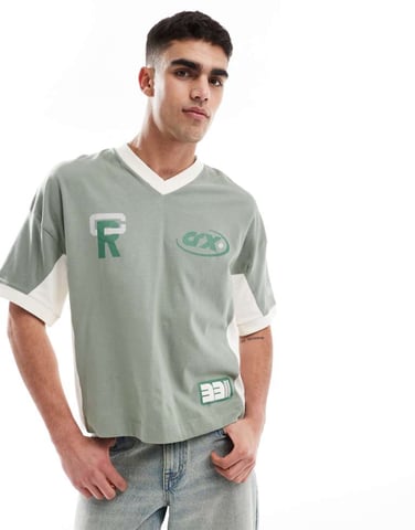 ASOS DESIGN boxy oversized dropped shoulder t-shirt with cut and sew panelling and sports graphics in green