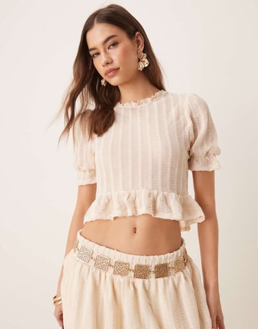 ASOS DESIGN co-ord textured shirred top with ruffle detailing in cream