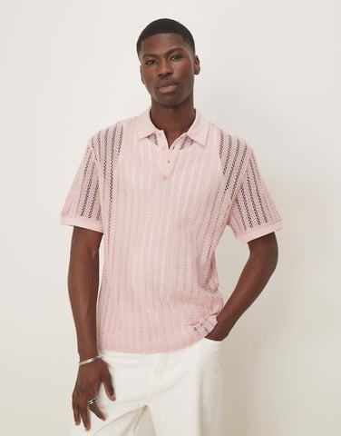 ASOS DESIGN boxy oversized polo with dropped shoulder polo in pink crochet