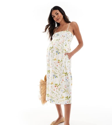 Vero Moda Maternity Easy shirred cami ankle dress in white floral