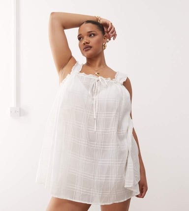 COLLUSION Plus check swing beach dress in white