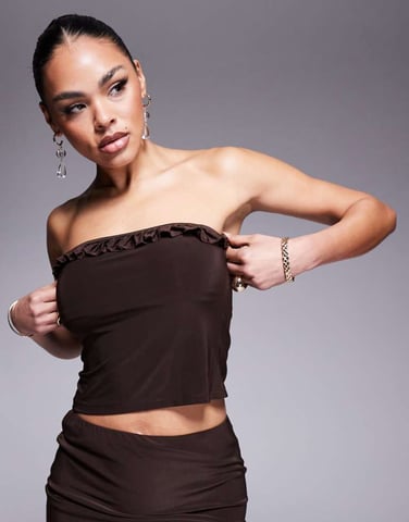 ASOS DESIGN co-ord slinky ruffle trim bandeau top in brown