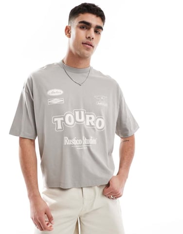 ASOS DESIGN boxy oversized t-shirt with text graphics in khaki
