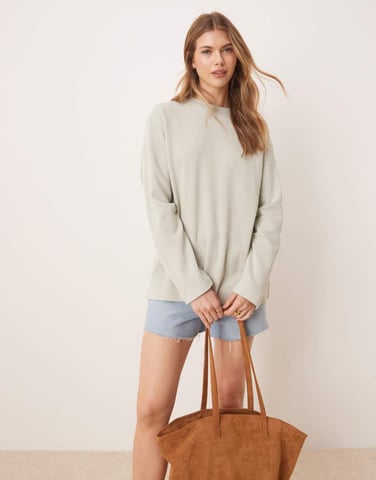 ASOS DESIGN waffle long sleeve skater tee in washed sage