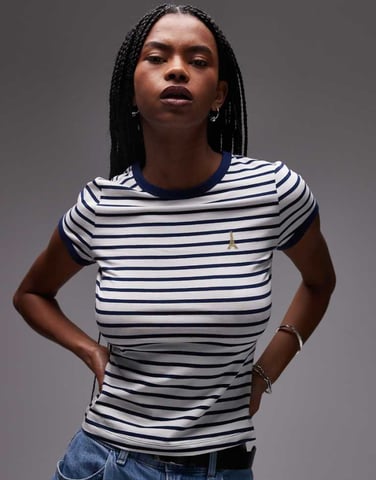 & Other Stories fitted jersey t-shirt with cap sleeves in blue stripes with embroidered placement