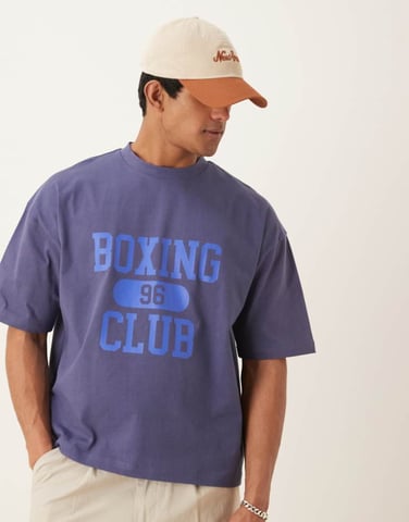 ASOS DESIGN tung 240g oversized boxig t-shirt med boxningstryck i blått