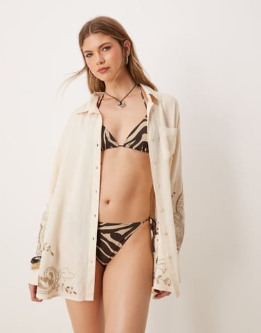 ASOS DESIGN Blake broderie linen blend oversized beach cover up shirt in stone