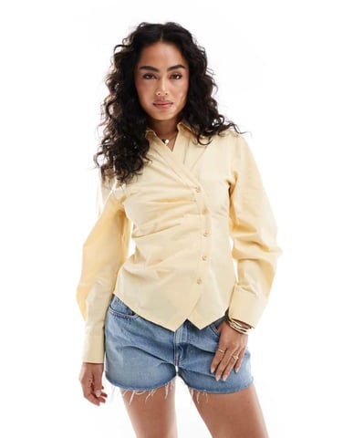ASOS DESIGN ruched wrap shirt with cocoon sleeve in buttermilk