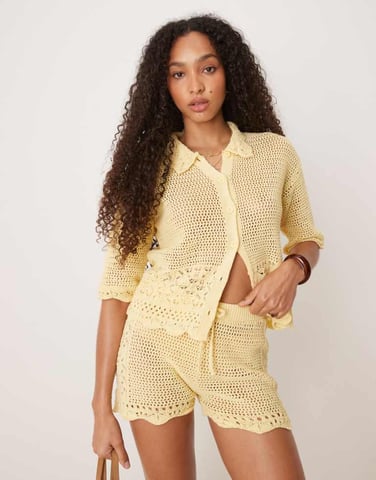 ASOS DESIGN crochet knitted shirt in buttermilk yellow